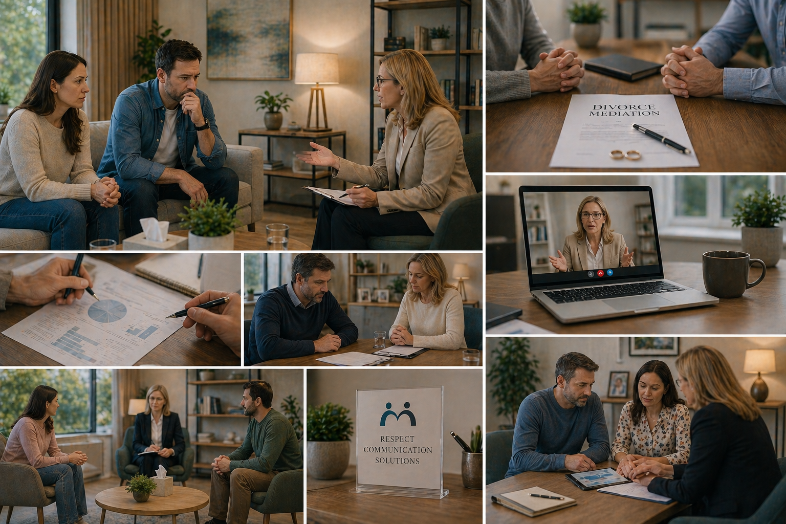 A mediator sitting with a couple in a comfortable office, discussing divorce arrangements in a divorce mediation session